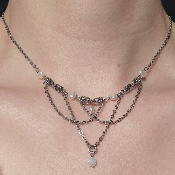 Vintage delicate freshwater pearl and silver chandelier necklace ✦ coastal style - Picture 5 of 7